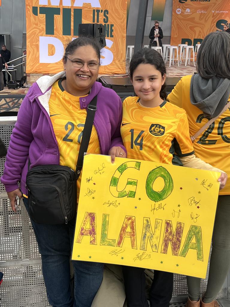 Matildas fans Scarlet (right) and Darlene (left) camped out for prime position at Federation Square. Photo: Daanyal Saeed