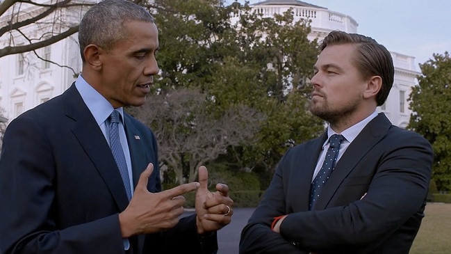 Leonardo DiCaprio (right) talks with then-US President Barack Obama about climate change in the documentary film Before The Flood. Picture: Supplied