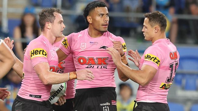 Dlylan Edwards alongside Stephen Crichton and Scott Sorensen, both of whom are out of contract at the end of next year. Picture: Chris Hyde/Getty Images