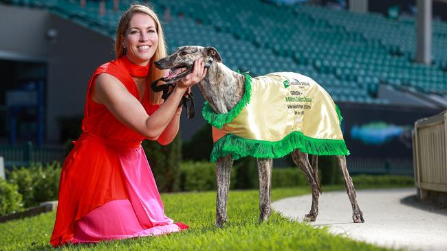 Jaimee Rogers, when she was with Tabcorp, poses with Handsome Prince, who was running in the Million Dollar Chase in 2022.. Picture: Justin Lloyd