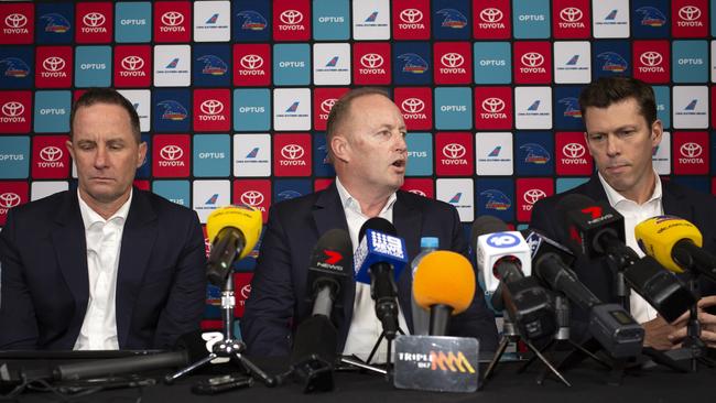 Don Pyke (far left) announces he is stepping down as Crows coach last September. Picture: Emma Brasier/AAP