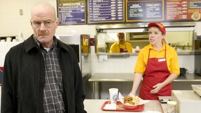 Bryan Cranston as Walter White at the fictional restaurant "Los Pollos Hermanos" in a scene from Breaking Bad.