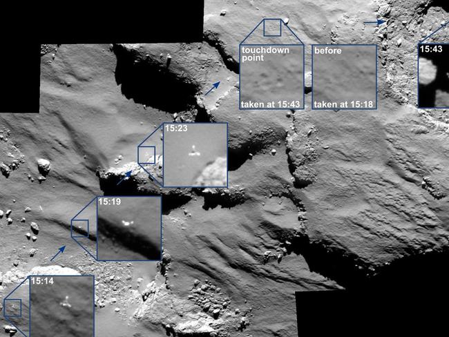 Journey ... A combination image of enlarged photographs released by the ESA shows the journey of Rosetta’s Philae lander as it approached and then rebounded from its first touchdown on the comet. Picture: AP
