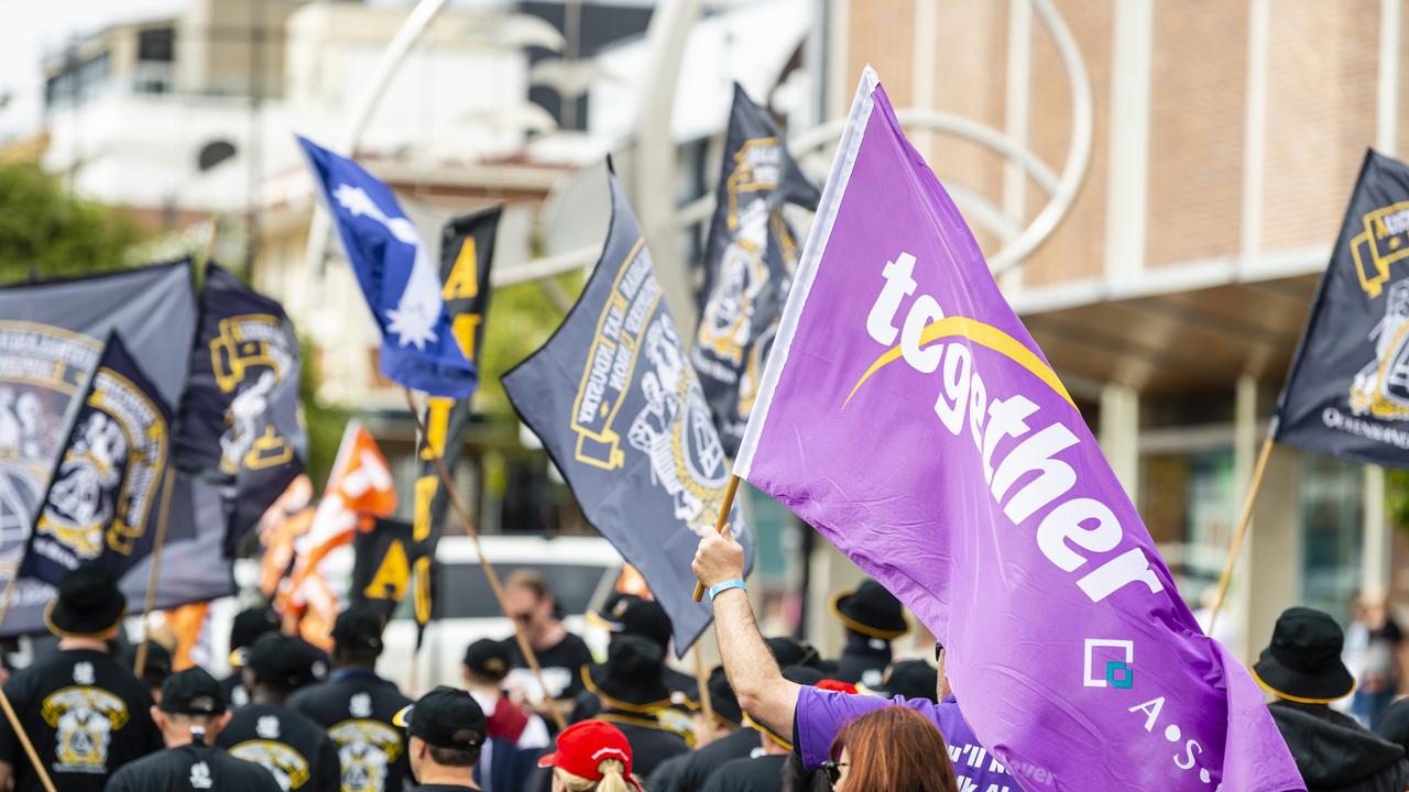 A Together trade union flag is seen during the Labour Day 2022 Toowoomba march, Saturday, April 30, 2022. Picture: Kevin Farmer