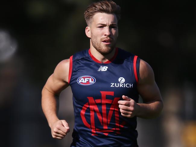 MELBOURNE, AUSTRALIA - MARCH 27: Jack Viney of the Demons runs during a Melbourne Demons AFL training session at Gosch's Paddock on March 27, 2019 in Melbourne, Australia. (Photo by Michael Dodge/Getty Images)