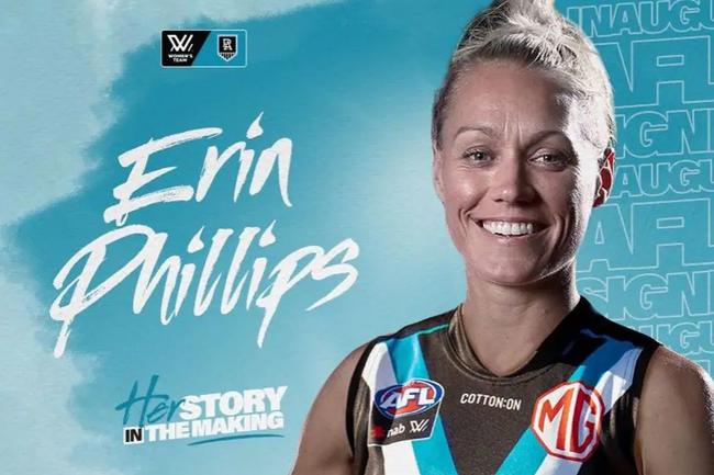 Port Adelaide has announced three-time All-Australian Erin Phillips OAM has committed to sign with the club as its first AFLW player for its inaugural campaign. Picture: Port Adelaide Football Club