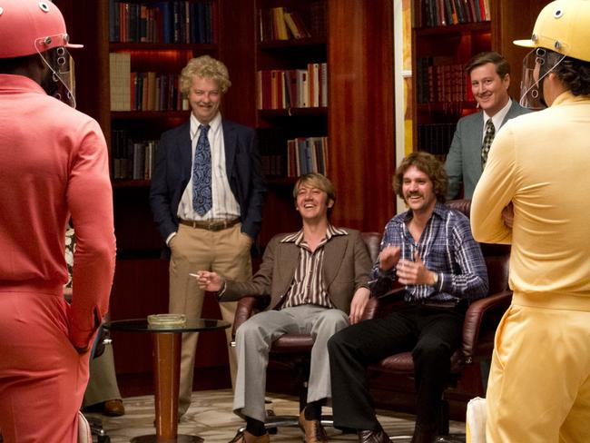 David Hill, played by Justin Smith second left in Howzat! Kerry Packer's War with Viv Richards (Roger Grant, left), Rodney Marsh (Brendan Cowell, right) Doug Walters (Hamish Michael) and Ian Chappell (Clayton Watson).