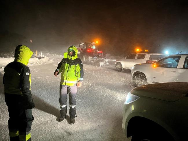 Hobart City Council workers brave think snow and  blizzard conditions on their way to rescue walkers stranded on kunanyi/MtWellington. Picture: City of Hobart