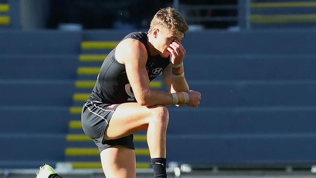 Carlton skipper Patrick Cripps looks dejected after Robbie Gray’s matchwinning goal sailed through. Picture: Jono Searle/AFL Photos/via Getty Images