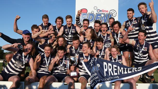 Macedon celebrates its 2017 RDFL premiership win. Picture: George Salpigtidis