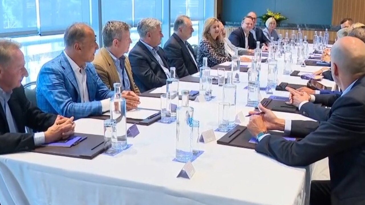 Premier’s Chief of Staff Jim Murphy, Dr Reza Adib, AOC CEO Matt Carroll, AOC President Ian Chesterman, OCOG President Andrew Liveris, Ms Palaszczuk, IOC Vice-President John Coates, Lord Mayor Adrian Schrinner, BCC CEO Colin Jensen and Associate Director-General Kerry Petersen. Picture: 7 News