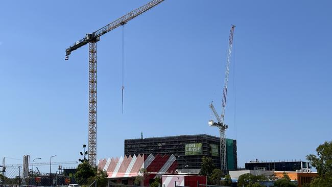 Cranes in the sky at the Health and Knowledge Precinct in Southport. Picture: Keith Woods.