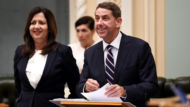 Queensland Premier Annastacia Palaszczuk, left, and Treasurer Cameron Dick at Parliament House in Brisbane on Tuesday. Picture: Dan Peled