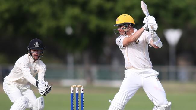 Glenelg batsman Jake Winter has been in unstoppable form, backing up last week’s 176-run knock with an unbeaten 165 against Adelaide University on Saturday. Picture: AAP/Dean Martin