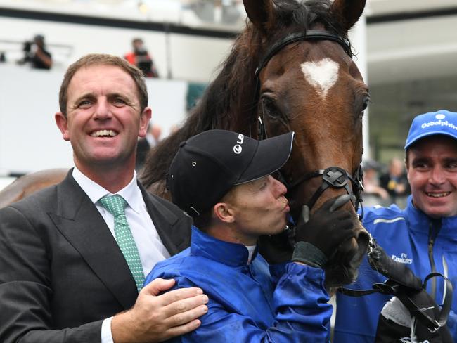 MELBOURNE, AUSTRALIA - NOVEMBER 06:  Kerrin McEvoy and trainer Charlie Appleby pose with Cross Counter after winning Race 7, Lexus Melbourne Cup during Melbourne Cup Day at Flemington Racecourse on November 6, 2018 in Melbourne, Australia.  (Photo by Vince Caligiuri/Getty Images)