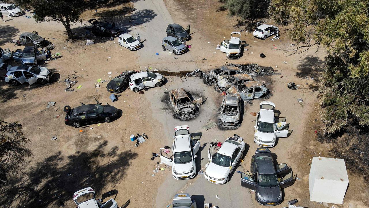 This aerial picture shows abandoned and torched vehicles at the site of the October 7 attack on the Supernova desert music Festival by Palestinian militants near Kibbutz Reim in the Negev desert in southern Israel. Picture: Jack Guez / AFP