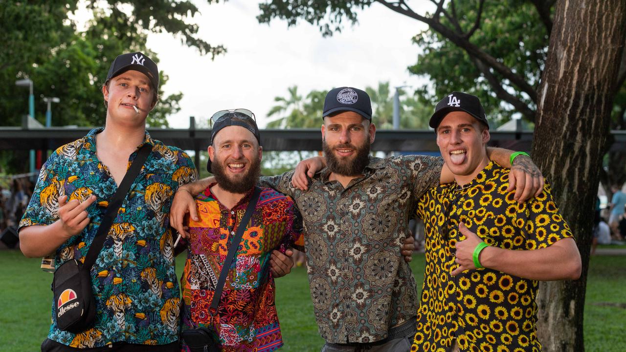 Indi Wood, Eli Devine, Leroy Devine and Joe Garson at Darwin Waterfront on New Year’s Eve 2020. Picture: Che Chorley