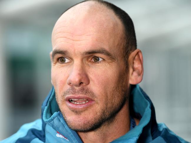 Australian Rugby Union assistant coach, Nathan Grey, answers a question during a press conference in Sydney on Wednesday, June 28, 2017. Wallabies assistant and NSW Waratahs assistant coach, Nathan Grey, will move permanently into a national coaching role at the end of the 2017 Super Rugby season, after signing a new two-year contract with the Australian Rugby Union. (AAP Image/Paul Miller) NO ARCHIVING