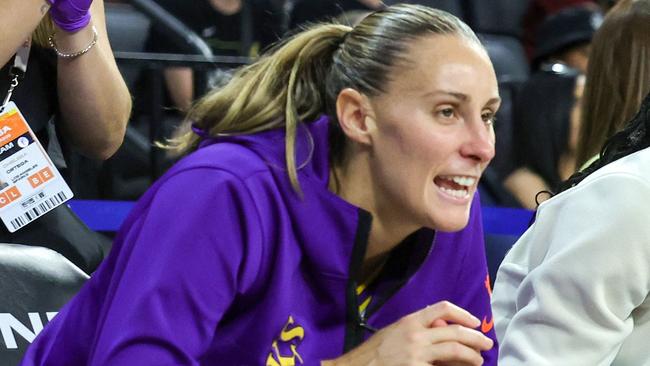 LAS VEGAS, NEVADA - MAY 18: Stephanie Talbot (L) #7 and Azura Stevens #23 of the Los Angeles Sparks react on the bench in the fourth quarter of their game against the Las Vegas Aces at Michelob ULTRA Arena on May 18, 2024 in Las Vegas, Nevada. The Aces defeated the Sparks 89-82. NOTE TO USER: User expressly acknowledges and agrees that, by downloading and or using this photograph, User is consenting to the terms and conditions of the Getty Images License Agreement.   Ethan Miller/Getty Images/AFP (Photo by Ethan Miller / GETTY IMAGES NORTH AMERICA / Getty Images via AFP)