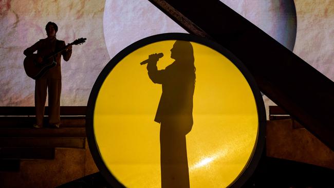 Lorde in silhouette in Brisbane at the beginning of the show. Picture: Lachlan Douglas