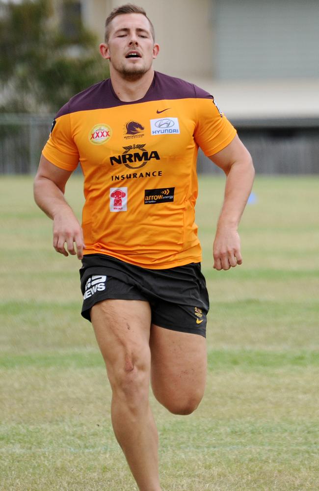 Greg Eden during training drills for his new club, the Brisbane Broncos. Picture: Peter Cronin