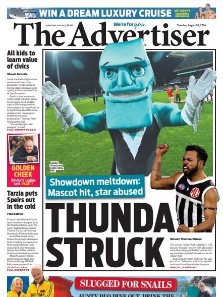 Front page of The Advertiser on August 20.