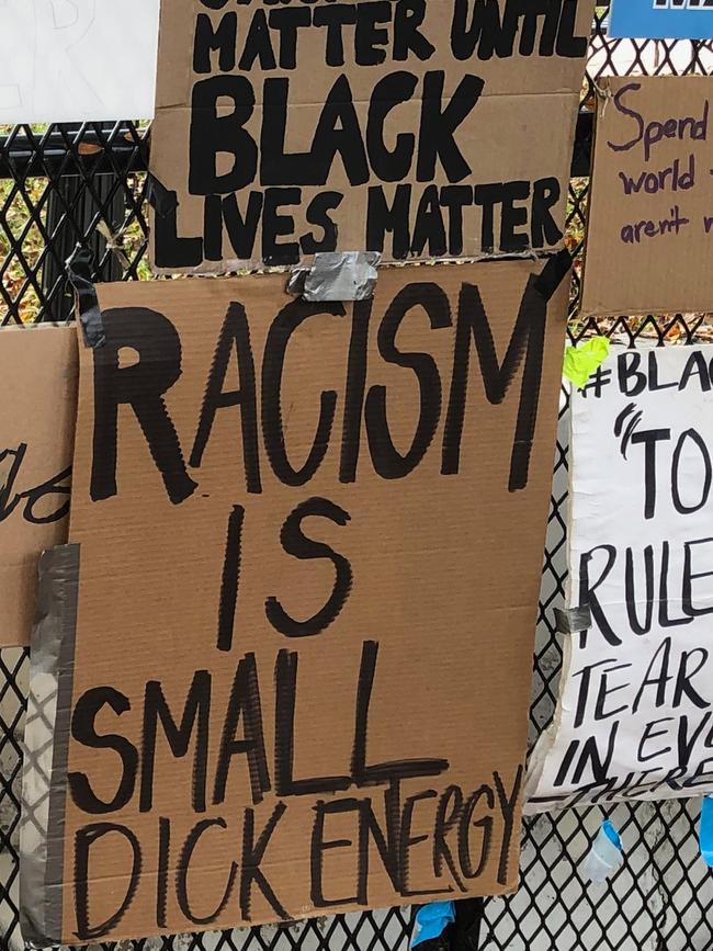 The Black Lives Matter movement has its say with signs on a fence in Washington DC. Picture: Chris Kenny