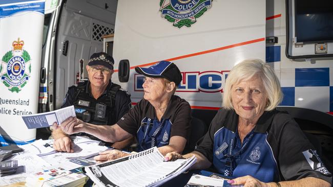 Darling Downs District Crime Prevention coordinator Sergeant Scott McGrath with Volunteer in Policing volunteers Donna Honan and Desley Steger (right) with the Mobile Police Beat at the Toowoomba Royal Show, Friday, April 19, 2024. Picture: Kevin Farmer