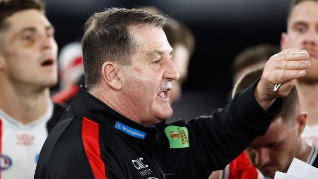 MELBOURNE, AUSTRALIA - JUNE 08: Ross Lyon, Senior Coach of the Saints addresses his players during the 2024 AFL Round 13 match between the St Kilda Saints and the Gold Coast SUNS at Marvel Stadium on June 08, 2024 in Melbourne, Australia. (Photo by Michael Willson/AFL Photos via Getty Images)