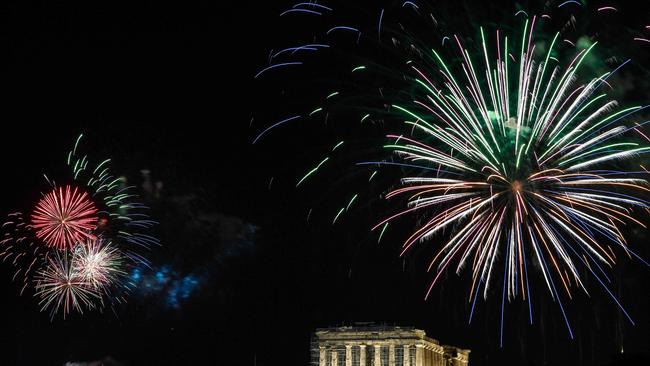 Fireworks explode over the ancient Acropolis in Athens. Picture: AFP