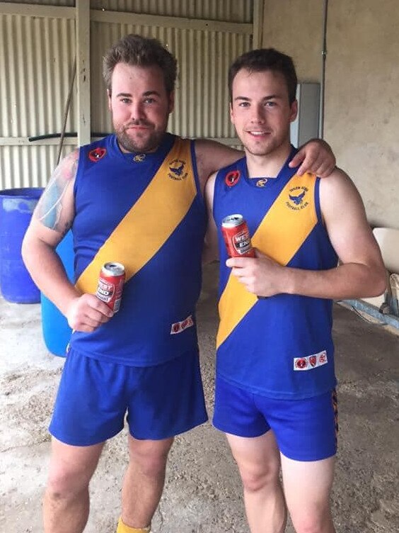 Former SA footballer Justin Smedley, right, pictured playing footy with brother Bradley Smedley.