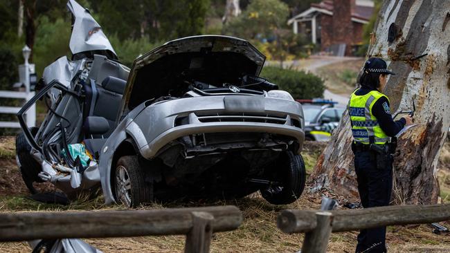 Police at a serious crash on Montacute Road, Athelstone. Picture: Tom Huntley