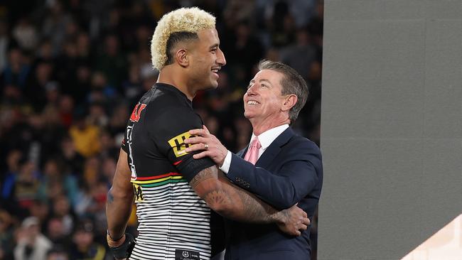 Viliame Kikau is congratulated after the grand final by Penrith legend Greg Alexander. Picture: Getty Images