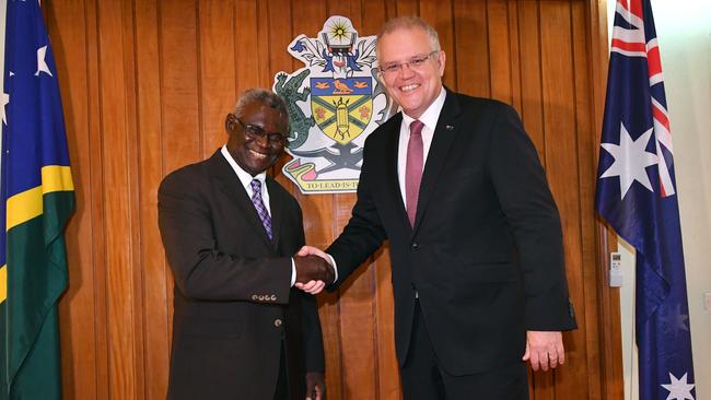 Solomon Islands Prime Minister Manasseh Sogavare (left) meeting with Australian Prime Minister Scott Morrison (right) in Honiara in the Solomon Islands in 2019.