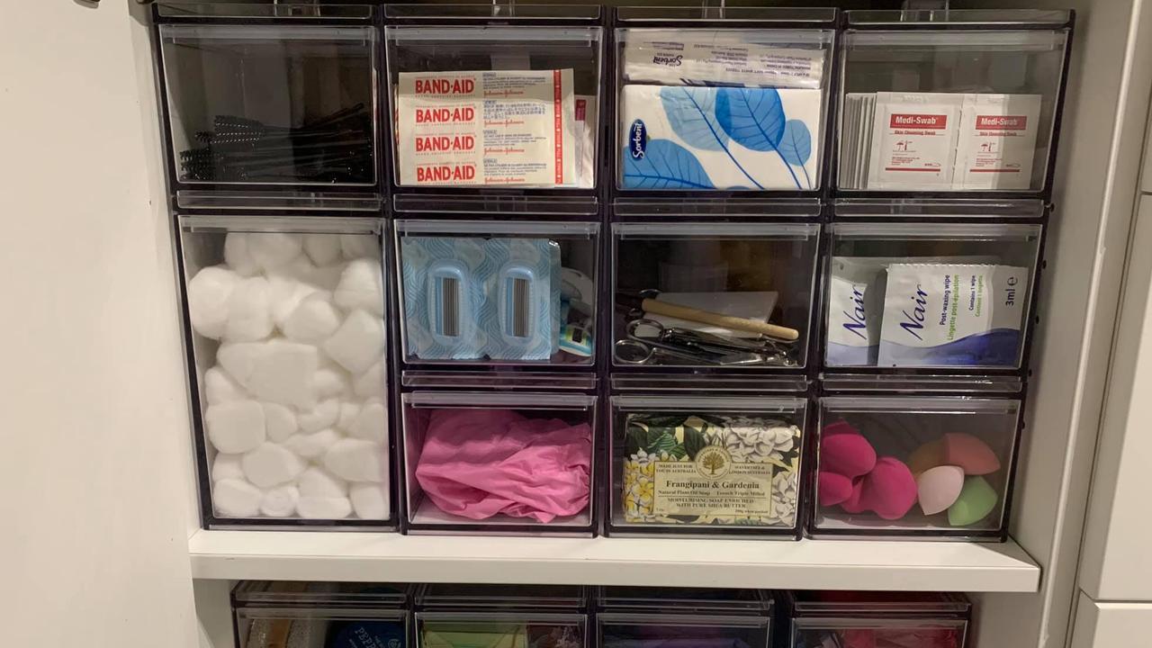 Her bathroom and beauty items are also stored in containers. She said it’s easier to keep tidy and looks presentable that way. Picture: Leanne Marie