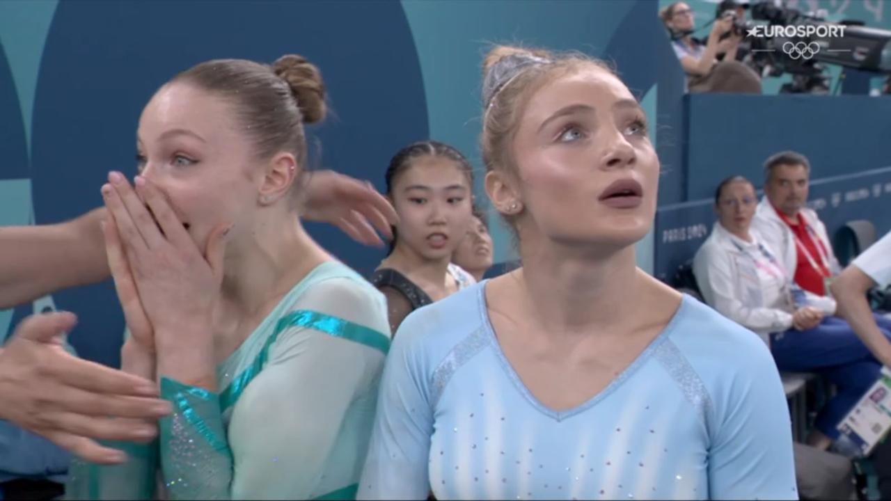 Barbosu (left) was lost for words when she thought she’d won the bronze ahead of her teammate. Photo: Eurosport.