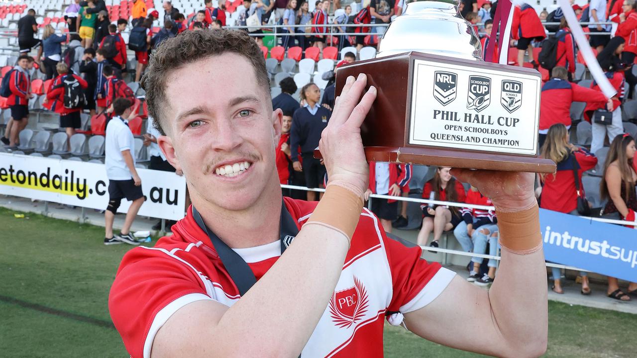 PBC Captain 7. Tom Weaver with the Phil Hall Cup, Queensland Schoolboy Phil Hall Cup rugby league grand final between Palm beach Currumbin SHS and St Brendan's College, Yeppoon. Picture: Liam Kidston