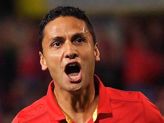 ADELAIDE, AUSTRALIA - APRIL 15:  Marcelo Carrusca of United celebrates after scoring a goal from a penalty kick during the round 27 A-League match between Adelaide United and the Western Sydney Wanderers at Coopers Stadium on April 15, 2017 in Adelaide, Australia.  (Photo by Daniel Kalisz/Getty Images)