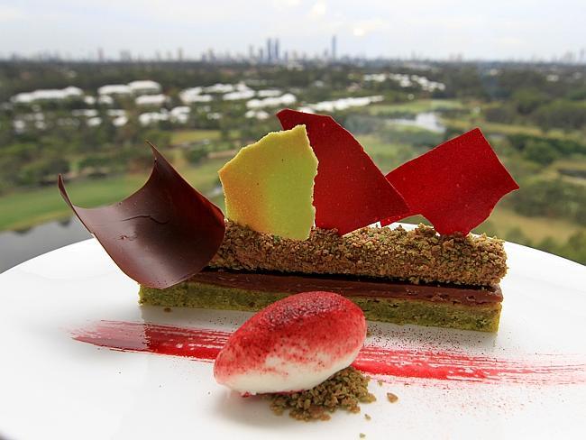 Valrohna Manjan chocolate parfait-pistachio cake, salted caramel and cherry sorbet.