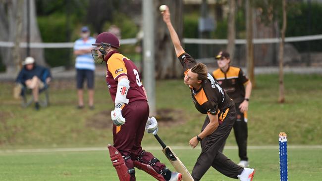 Action from a men’s Premier Cricket match between Kensington and Tea Tree Gully last month. Picture: Keryn Stevens