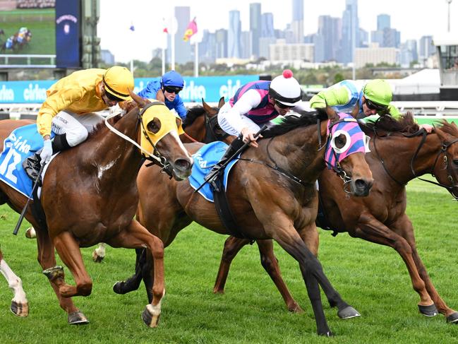 MELBOURNE, AUSTRALIA - NOVEMBER 09: Jye McNeil riding  Rey Magnerio defeats Front Page (r) Robrick and Nadal (L) in Race 4, The Cirka Always Welcome Stakes - Betting Odds during Champion Stakes Day at Flemington Racecourse on November 09, 2024 in Melbourne, Australia. (Photo by Vince Caligiuri/Getty Images)