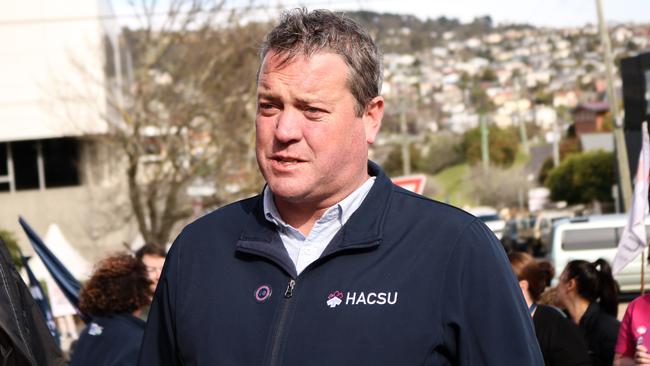 HACSU state secretary Robbie Moore as LGH pathology workers take their third strike action in two months, pictured outside the hospital. Picture: Stephanie Dalton