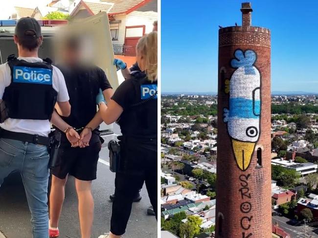 A man is arrested by police in connection with Melbourne's iconic 'Pam the Bird' graffiti. Picture: Victoria Police