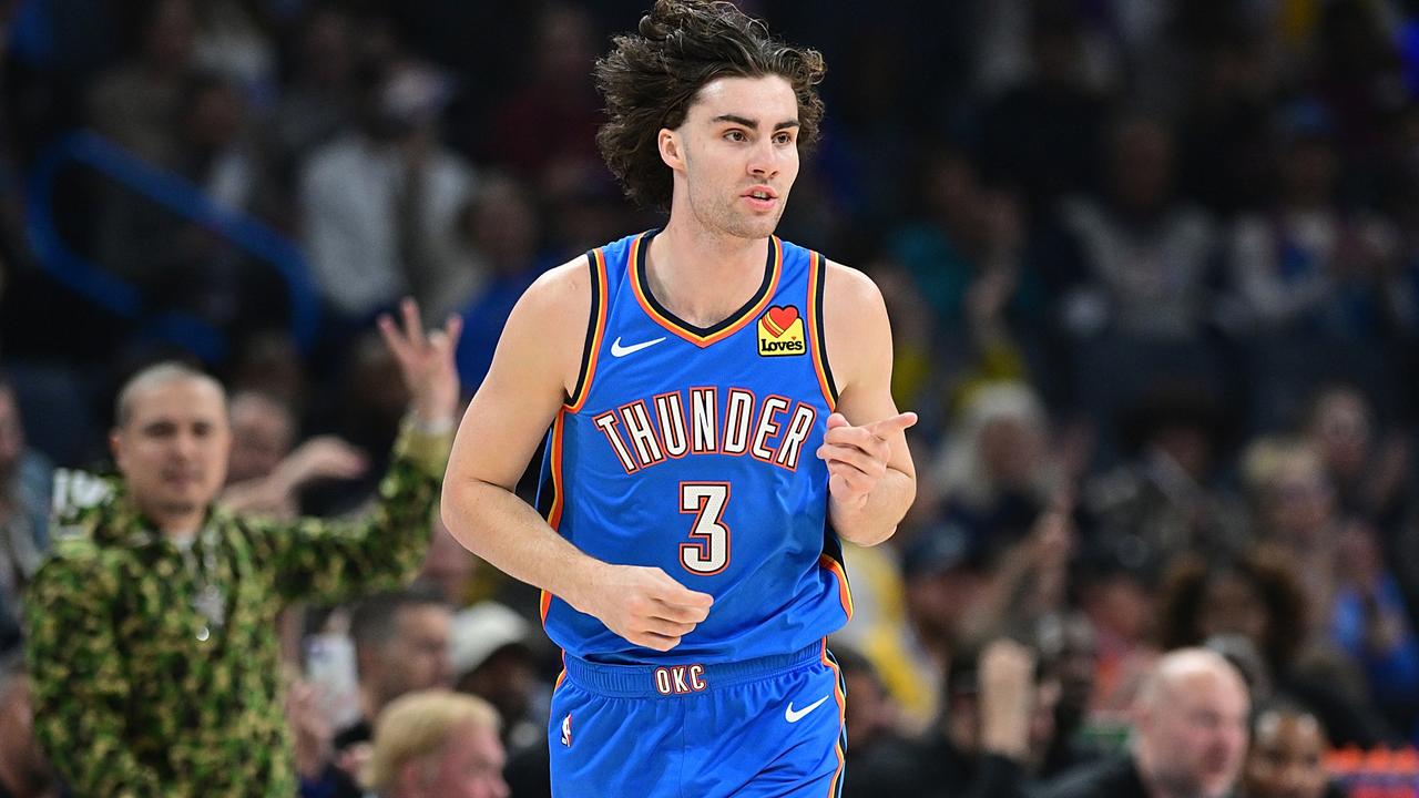 OKLAHOMA CITY, OKLAHOMA - NOVEMBER 30: Josh Giddey #3 of the Oklahoma City Thunder gestures to a teammate after a made basket during the first half against the Los Angeles Lakers at Paycom Center on November 30, 2023 in Oklahoma City, Oklahoma. NOTE TO USER: User expressly acknowledges and agrees that, by downloading and or using this Photograph, user is consenting to the terms and conditions of the Getty Images License Agreement. (Photo by Joshua Gateley/Getty Images)