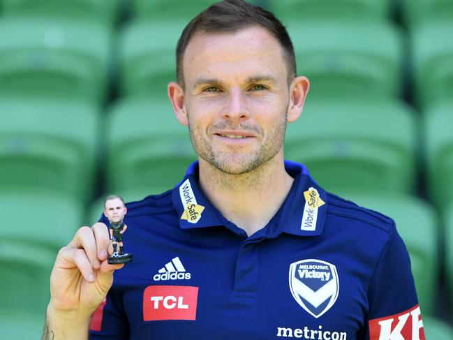 Melbourne Victory midfielder Leigh Broxham poses for a photograph following a press conference at AAMI Park in Melbourne, Wednesday, November 27, 2019. Broxham will play his 300th A-League game this weekend, not only becoming the first Victory player to achieve the milestone but also the only player in A-League history to do so at the one club. (AAP Image/James Ross) NO ARCHIVING