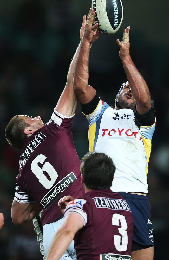 Kieran Foran famously knocked this ball on before a Manly try that knocked the Cowboys out in 2012.