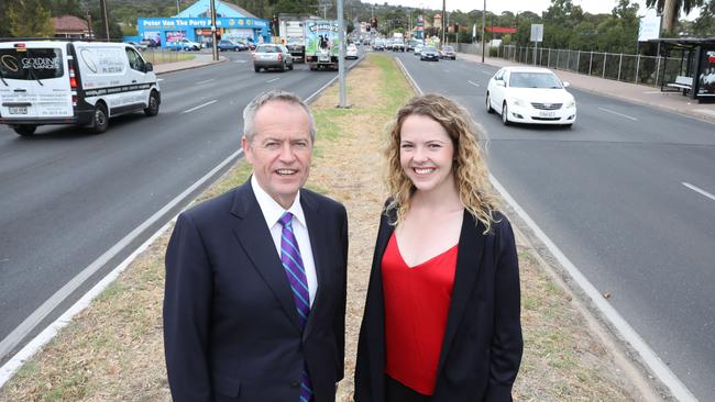 Labor Leader Bill Shorten with candidate Nadia Clancy at the intersection. Picture: AAP Image/Dean Martin