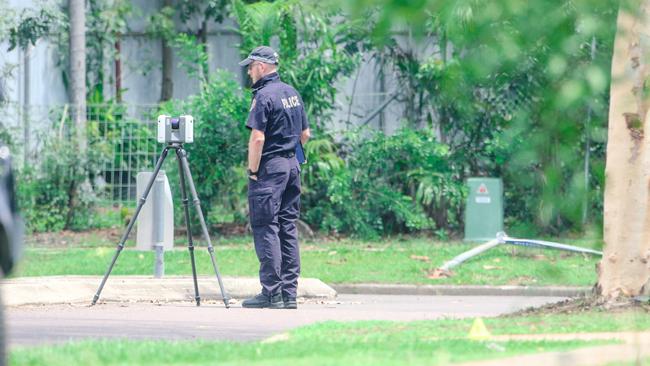 NT police investigate as a males body was found in a driveway in Driver on Saturday morning. Picture: Glenn Campbell