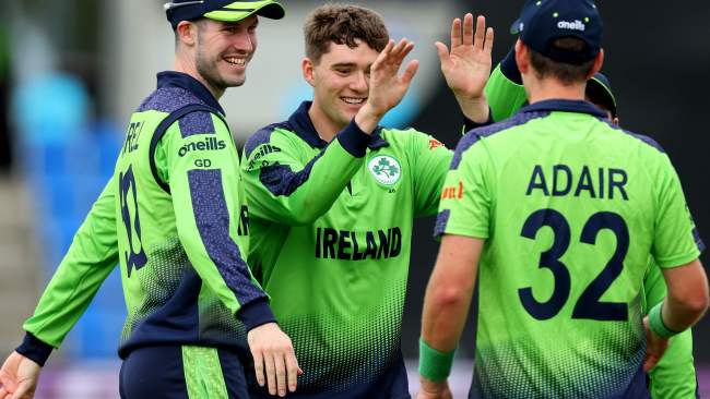 Ireland's Gareth Delany (C) celebrates his wicket of West Indies' Evin Lewis.