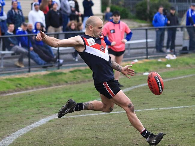 Sam Brown has a shot on goal. Picture: Davis Harrigan